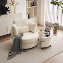 Abrihome Chenille Swivel Armchair With 3 Back Cushion Pillow Ottoman Crescent Stool, Ivory  - thumbnail 8