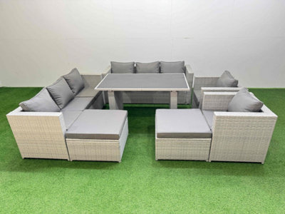 Fimous 10 Seater Wicker Pe Rattan Furniture Outdoor Dining Table 3 Seater Sofa Armchair Set With 2 Big Stools Light Grey - image 1