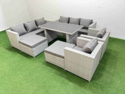 Fimous 10 Seater Wicker Pe Rattan Furniture Outdoor Dining Table 3 Seater Sofa Armchair Set With 2 Big Stools Light Grey - thumbnail 2
