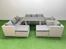 Fimous 10 Seater Wicker Pe Rattan Furniture Outdoor Dining Table 3 Seater Sofa Armchair Set With 2 Big Stools Light Grey - thumbnail 1
