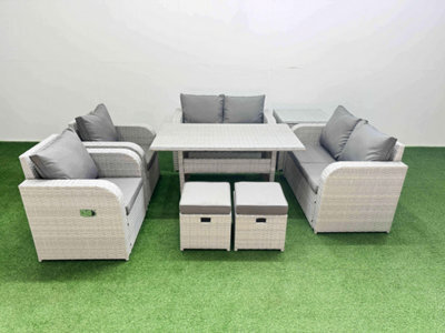 Fimous 8 Seater Outdoor Reclining Chair Love Sofa Set Rattan Garden Furniture Set 2 Stools Side Table Light Grey - image 1