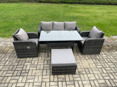 Fimous Wicker Pe Rattan Garden Furniture Set Outdoor Rectangular Dining Table And Chair Sofa Set With Big Footstool - image 1