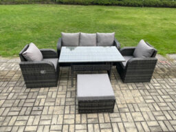 Fimous Wicker Pe Rattan Garden Furniture Set Outdoor Rectangular Dining Table And Chair Sofa Set With Big Footstool - thumbnail 1