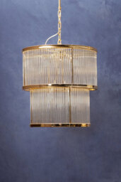 Orsina 2 Tier Gold Finish Glass Chandelier, Modern Drum Style Glass Rod Chandelier With Warm Ambient Light - thumbnail 2