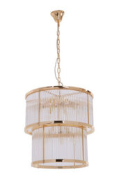 Orsina 2 Tier Gold Finish Glass Chandelier, Modern Drum Style Glass Rod Chandelier With Warm Ambient Light - thumbnail 4