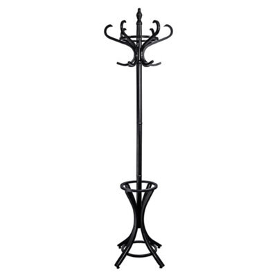 Keypak Wooden Hat & Coat Stand With Umbrella Holder 185Cm, 12 Hooks Freestanding Coat Rack For Hallway, Rotating Top Tier, Black - image 1