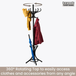 Keypak Wooden Hat & Coat Stand With Umbrella Holder 185Cm, 12 Hooks Freestanding Coat Rack For Hallway, Rotating Top Tier, Black - thumbnail 5