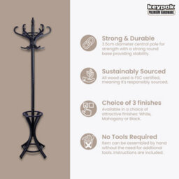 Keypak Wooden Hat & Coat Stand With Umbrella Holder 185Cm, 12 Hooks Freestanding Coat Rack For Hallway, Rotating Top Tier, Black - thumbnail 2