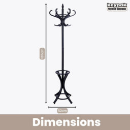 Keypak Wooden Hat & Coat Stand With Umbrella Holder 185Cm, 12 Hooks Freestanding Coat Rack For Hallway, Rotating Top Tier, Black - thumbnail 3