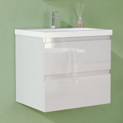 AVER-GROWTH 500mm Wall Hung Vanity Unit With Basin Gloss White Ceramic Sink Bathroom Wall Mounted Storage Cabinet Soft Close Hinges 2 Drawers - image 1