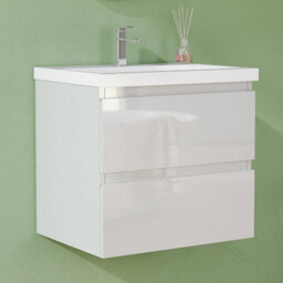 AVER-GROWTH 500mm Wall Hung Vanity Unit With Basin Gloss White Ceramic Sink Bathroom Wall Mounted Storage Cabinet Soft Close Hinges 2 Drawers - thumbnail 1
