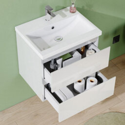 AVER-GROWTH 500mm Wall Hung Vanity Unit With Basin Gloss White Ceramic Sink Bathroom Wall Mounted Storage Cabinet Soft Close Hinges 2 Drawers - thumbnail 4