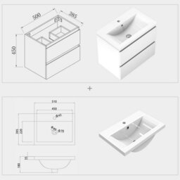 AVER-GROWTH 500mm Wall Hung Vanity Unit With Basin Gloss White Ceramic Sink Bathroom Wall Mounted Storage Cabinet Soft Close Hinges 2 Drawers - thumbnail 7