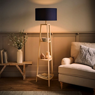 Valuelights Hiru Cream 3 Tier Shelf Floor Lamp With Navy Drum Shade And Bulb - image 1