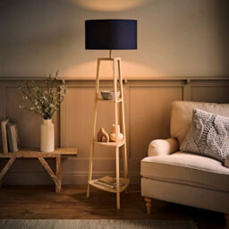 Valuelights Hiru Cream 3 Tier Shelf Floor Lamp With Navy Drum Shade And Bulb