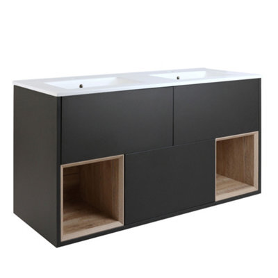 Homestylestore Black Grey 1212mm Wall Hung Bathroom Vanity Unit Led Lit Open Shelf And Chalk Basin - image 1