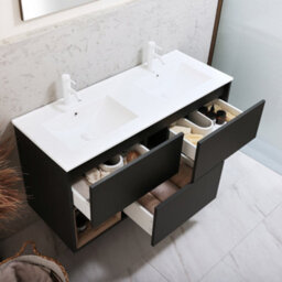Homestylestore Black Grey 1212mm Wall Hung Bathroom Vanity Unit Led Lit Open Shelf And Chalk Basin - thumbnail 2