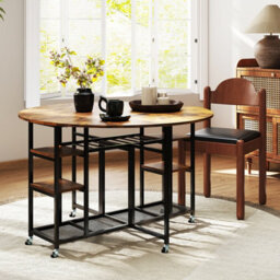 Gainoom 3-Piece Brown Folding Dining Table Set Round Kitchen Table Set - thumbnail 7