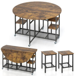 Gainoom 3-Piece Brown Folding Dining Table Set Round Kitchen Table Set - thumbnail 1