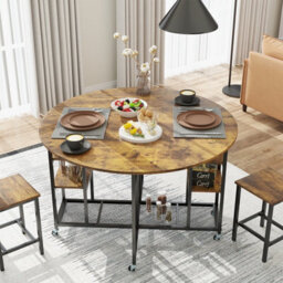 Gainoom 3-Piece Brown Folding Dining Table Set Round Kitchen Table Set - thumbnail 8