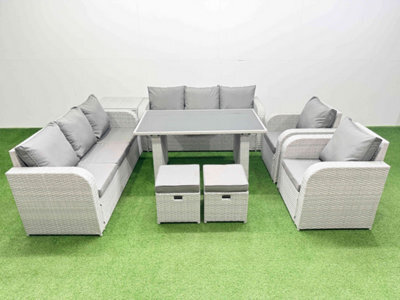 Fimous 10 Seater Outdoor Dining Table 3 Seater Sofa Reclining Chair Set With Side Table 2 Small Stools Light Grey - image 1