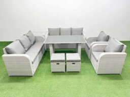Fimous 10 Seater Outdoor Dining Table 3 Seater Sofa Reclining Chair Set With Side Table 2 Small Stools Light Grey - thumbnail 2