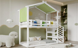 Matteo Children's & Teen Bunk Bed - 3Ft Single, White & Green With Decorative Canopy, Corner Staircase & Bookshelf. Durable Wood Frame - thumbnail 7