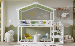 Matteo Children's & Teen Bunk Bed - 3Ft Single, White & Green With Decorative Canopy, Corner Staircase & Bookshelf. Durable Wood Frame - thumbnail 6