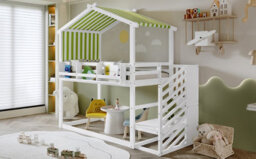 Matteo Children's & Teen Bunk Bed - 3Ft Single, White & Green With Decorative Canopy, Corner Staircase & Bookshelf. Durable Wood Frame - thumbnail 8