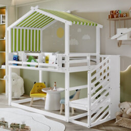 Matteo Children's & Teen Bunk Bed - 3Ft Single, White & Green With Decorative Canopy, Corner Staircase & Bookshelf. Durable Wood Frame - thumbnail 2