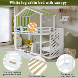 Matteo Children's & Teen Bunk Bed - 3Ft Single, White & Green With Decorative Canopy, Corner Staircase & Bookshelf. Durable Wood Frame - thumbnail 5