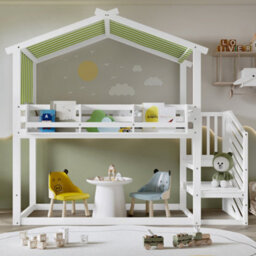 Matteo Children's & Teen Bunk Bed - 3Ft Single, White & Green With Decorative Canopy, Corner Staircase & Bookshelf. Durable Wood Frame