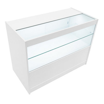 MonsterShop White Shop Counter Led Light C 1200mm Lockable Sliding Doors 2 Keys Retail Storage Unit Display Showcase Cabinet Reception Desk - image 1