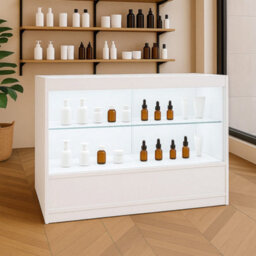 MonsterShop White Shop Counter Led Light C 1200mm Lockable Sliding Doors 2 Keys Retail Storage Unit Display Showcase Cabinet Reception Desk - thumbnail 4