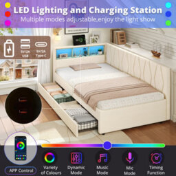 Btm 3Ft Single Daybed With Two Storage Drawers Led Bed Frame With Charging Station Linen Sofa Bed Beige - thumbnail 7