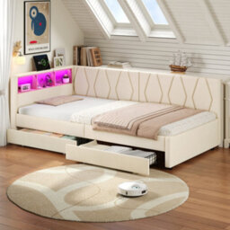 Btm 3Ft Single Daybed With Two Storage Drawers Led Bed Frame With Charging Station Linen Sofa Bed Beige - thumbnail 2