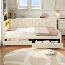 Btm 3Ft Single Daybed With Two Storage Drawers Led Bed Frame With Charging Station Linen Sofa Bed Beige - thumbnail 4