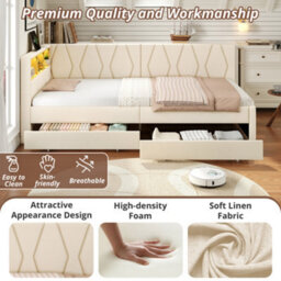 Btm 3Ft Single Daybed With Two Storage Drawers Led Bed Frame With Charging Station Linen Sofa Bed Beige - thumbnail 9