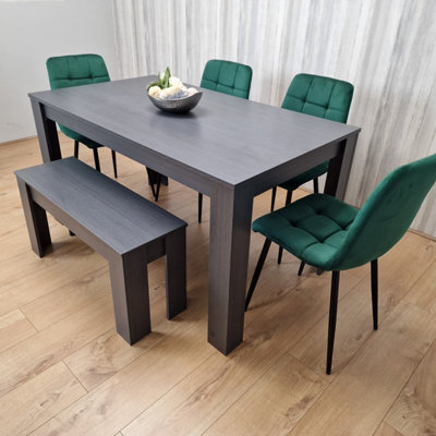 Kosy Koala Grey Dining Table And 4 Green Velvet Tufted Chairs With 1 Bench - image 1