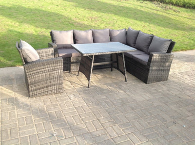 Fimous 7 Seater High Back Rattan Garden Furniture Set Corner Sofa With Oblong Dining Table And Chair Set - image 1
