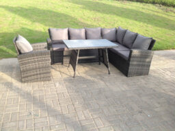 Fimous 7 Seater High Back Rattan Garden Furniture Set Corner Sofa With Oblong Dining Table And Chair Set - thumbnail 2