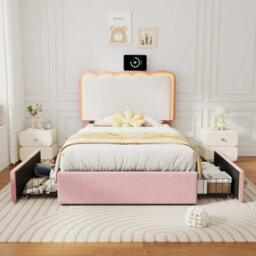 Modernluxe 3Ft Single Upholstered Bed, 90 X190Cm, With Adjustable Led Wavy Headboard, With 2 Drawers, Velvet, Pink - thumbnail 3