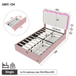 Modernluxe 3Ft Single Upholstered Bed, 90 X190Cm, With Adjustable Led Wavy Headboard, With 2 Drawers, Velvet, Pink - thumbnail 4
