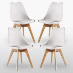 Life Interiors Set Of 4  White Scandinavian Dining Chairs With Leather Cushions Solid Wood Legs