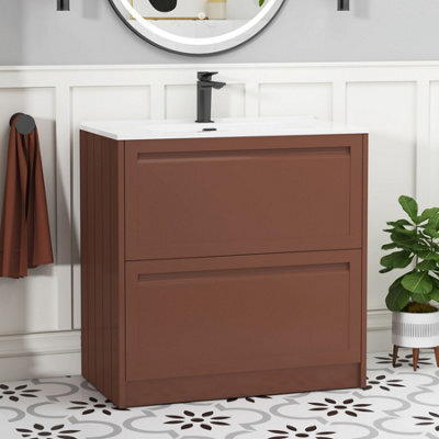 Royal Bathrooms Elmore 800mm Traditional Floor Standing 2 Drawer Bathroom Vanity Unit With Ceramic Basin Sink - Terracotta Clay - image 1
