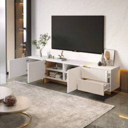 Btm 190 Cm Tv Cabinet 3 Doors 2 Drawers White Gold Wood Grain Tv Stand Storage Unit - thumbnail 5
