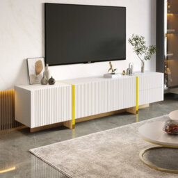 Btm 190 Cm Tv Cabinet 3 Doors 2 Drawers White Gold Wood Grain Tv Stand Storage Unit - thumbnail 3