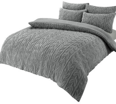 Leaf Printed Teddy Duvet Set In Grey - Double