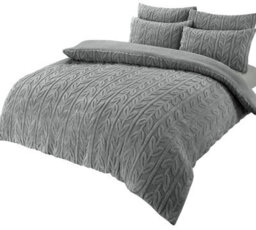 Leaf Printed Teddy Duvet Set In Grey - Double