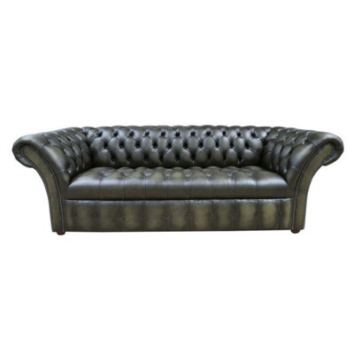 Chesterfield 3 Seater Buttoned Seat Sofa Antique Olive Green Leather In Balmoral Style - image 1